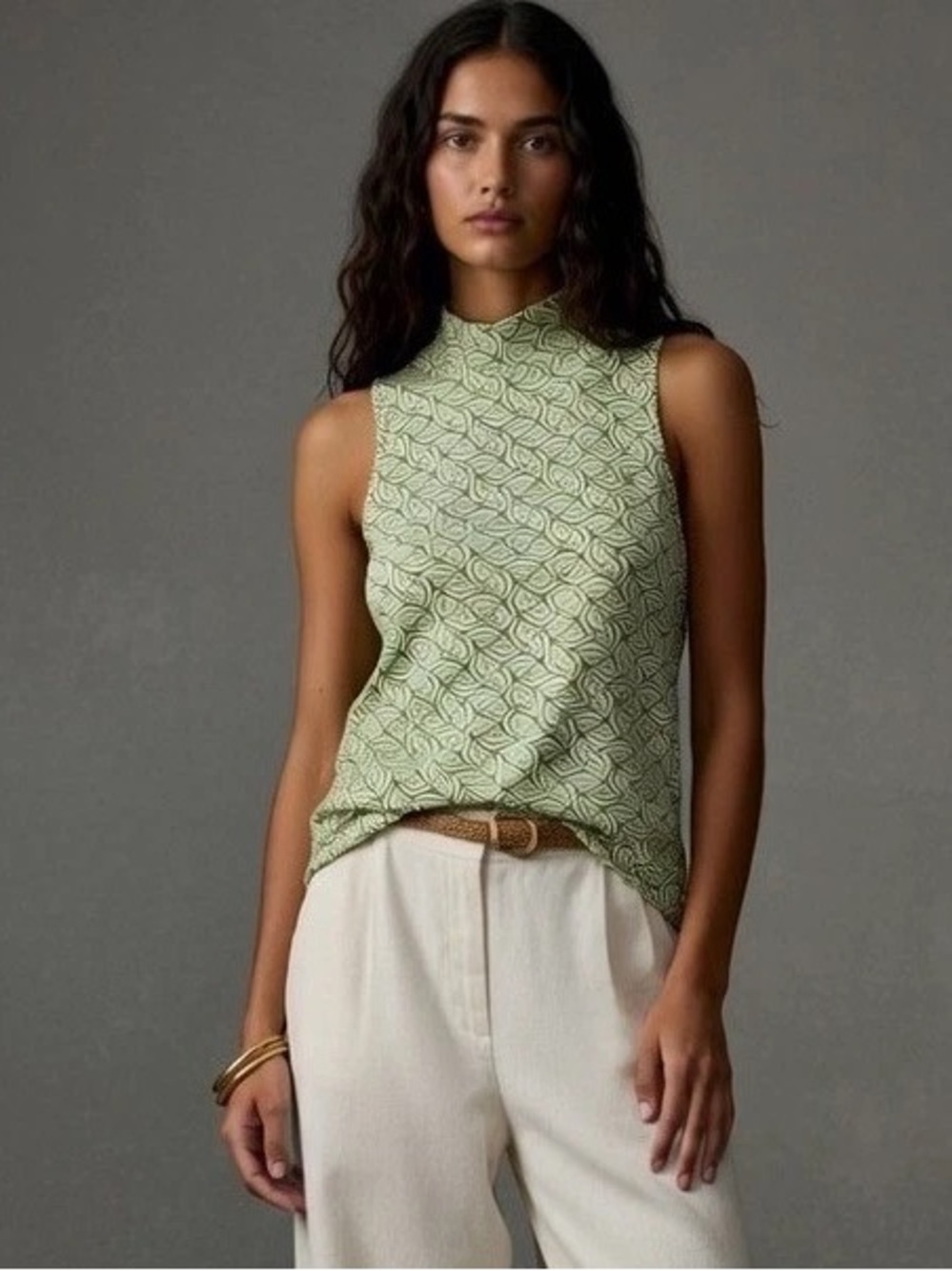 Maeve Anthropologie Geometric Mock Neck Sleeveless Top | Green